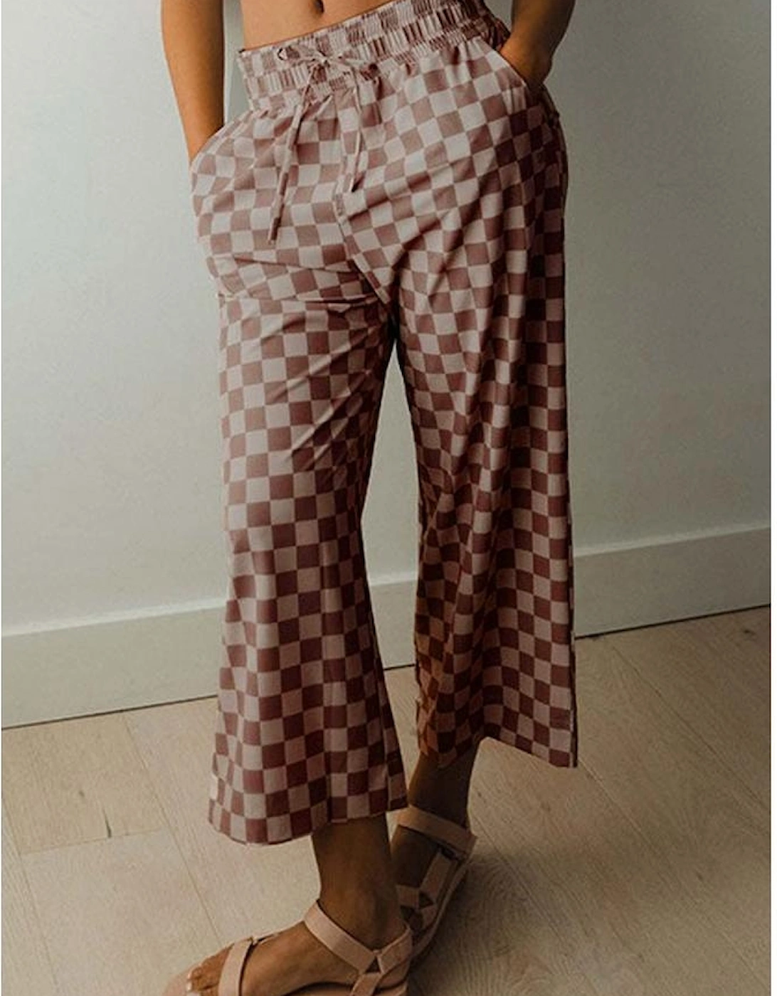Khaki Checkered Elastic High Waist Loose Casual Pants