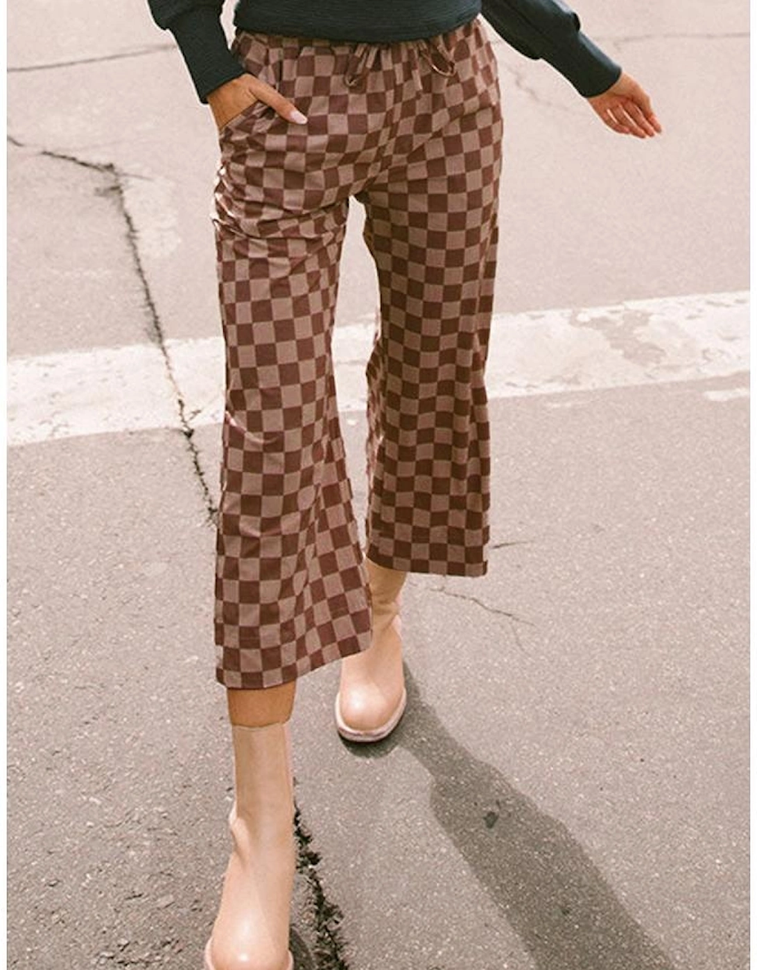 Khaki Checkered Elastic High Waist Loose Casual Pants