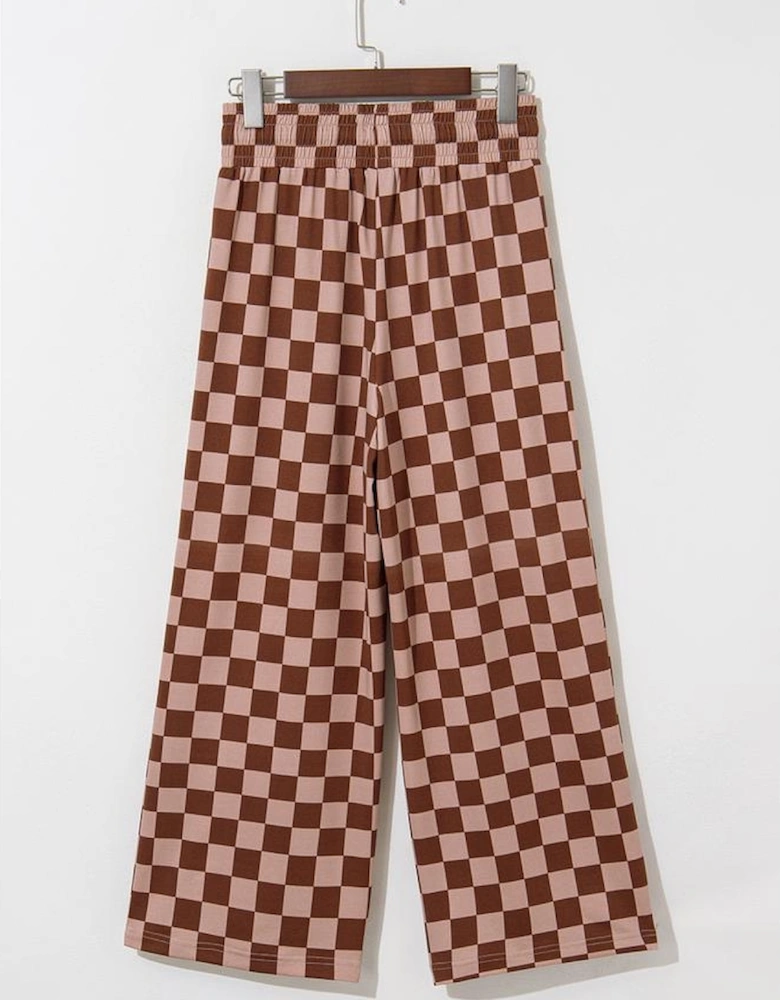 Khaki Checkered Elastic High Waist Loose Casual Pants