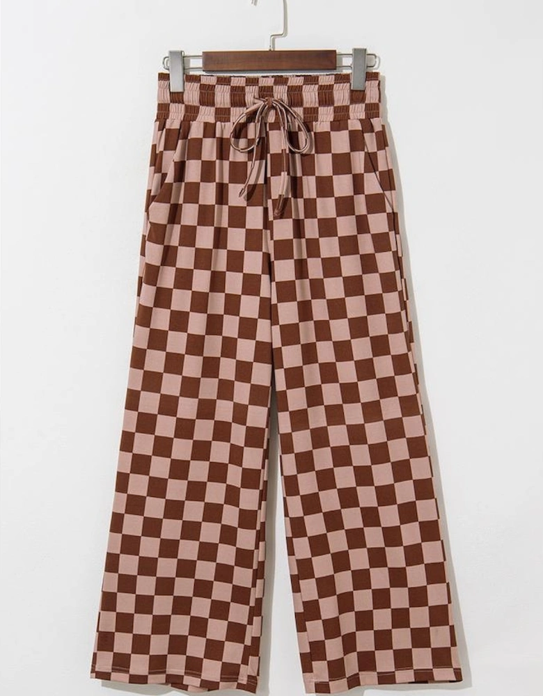 Khaki Checkered Elastic High Waist Loose Casual Pants