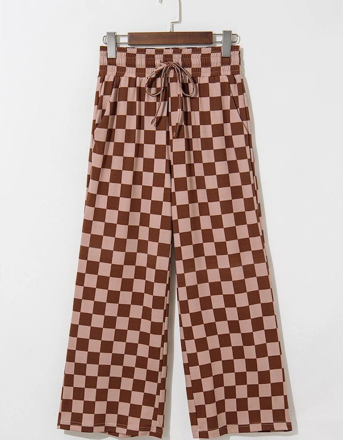 Khaki Checkered Elastic High Waist Loose Casual Pants