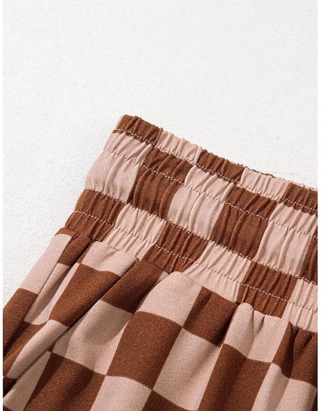 Khaki Checkered Elastic High Waist Loose Casual Pants