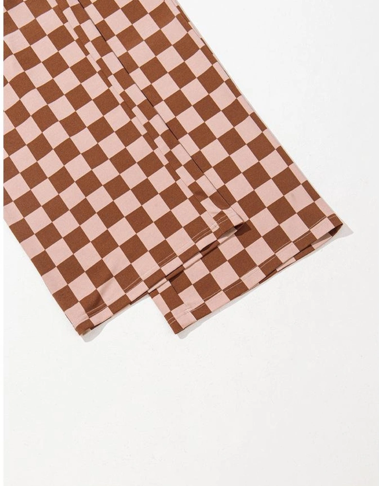 Khaki Checkered Elastic High Waist Loose Casual Pants