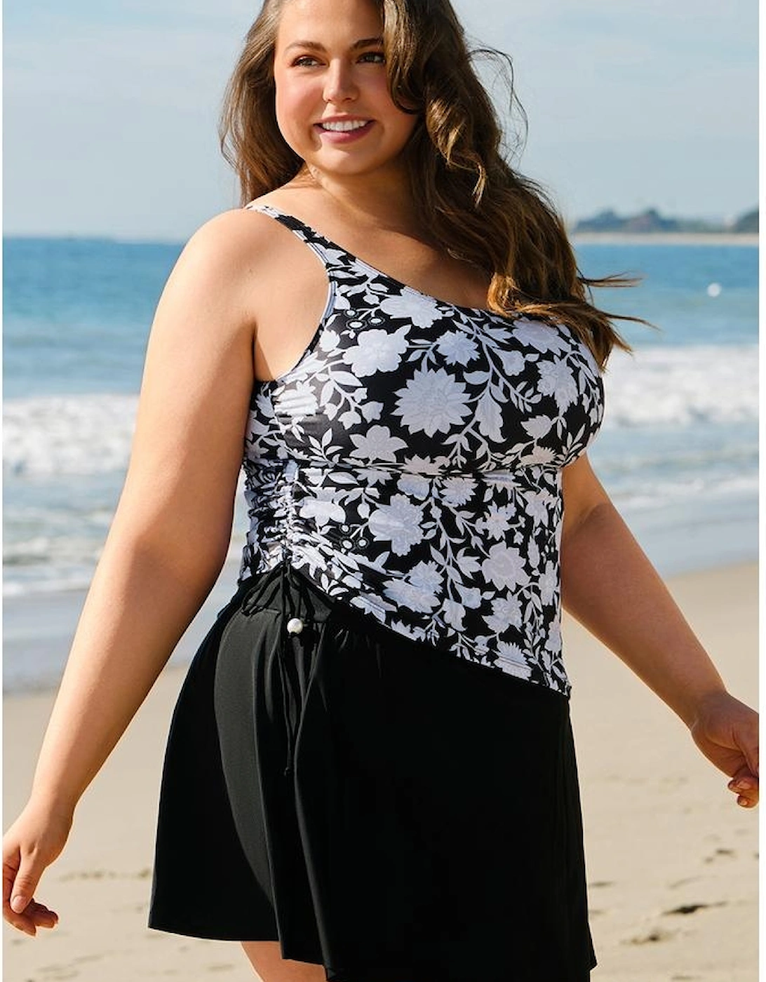 Black Plus Size Printed Square Neck Drawstring Ruffled Tankini Set