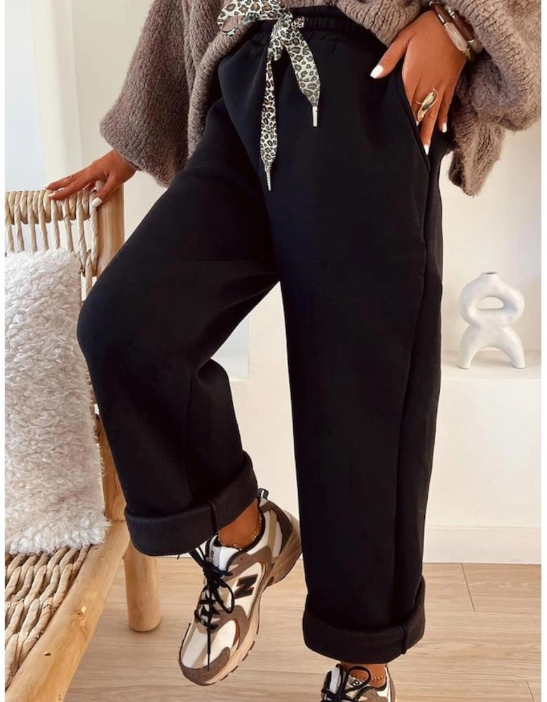 Black Fleece Lined Leopard Drawstring Elastic Waist Solid Pants