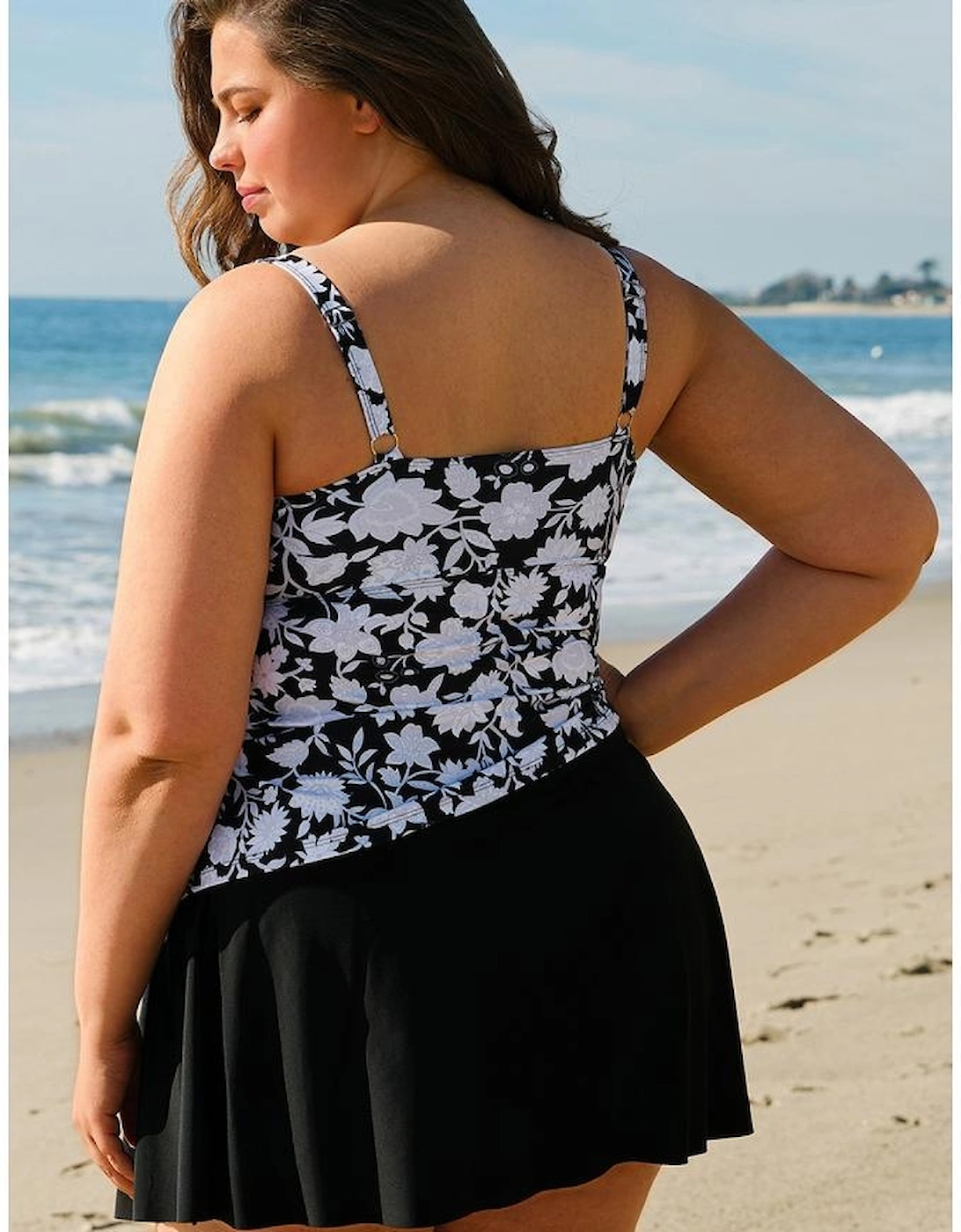 Black Plus Size Printed Square Neck Drawstring Ruffled Tankini Set, 16 of 15