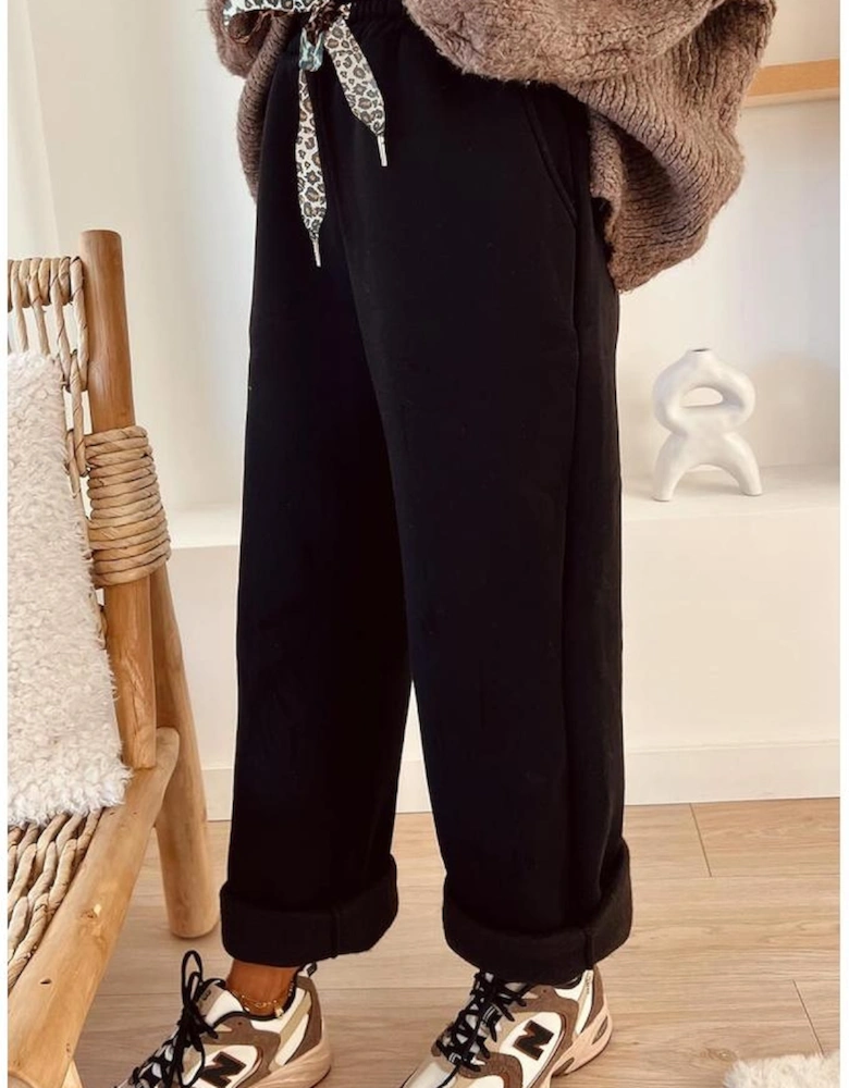 Black Fleece Lined Leopard Drawstring Elastic Waist Solid Pants