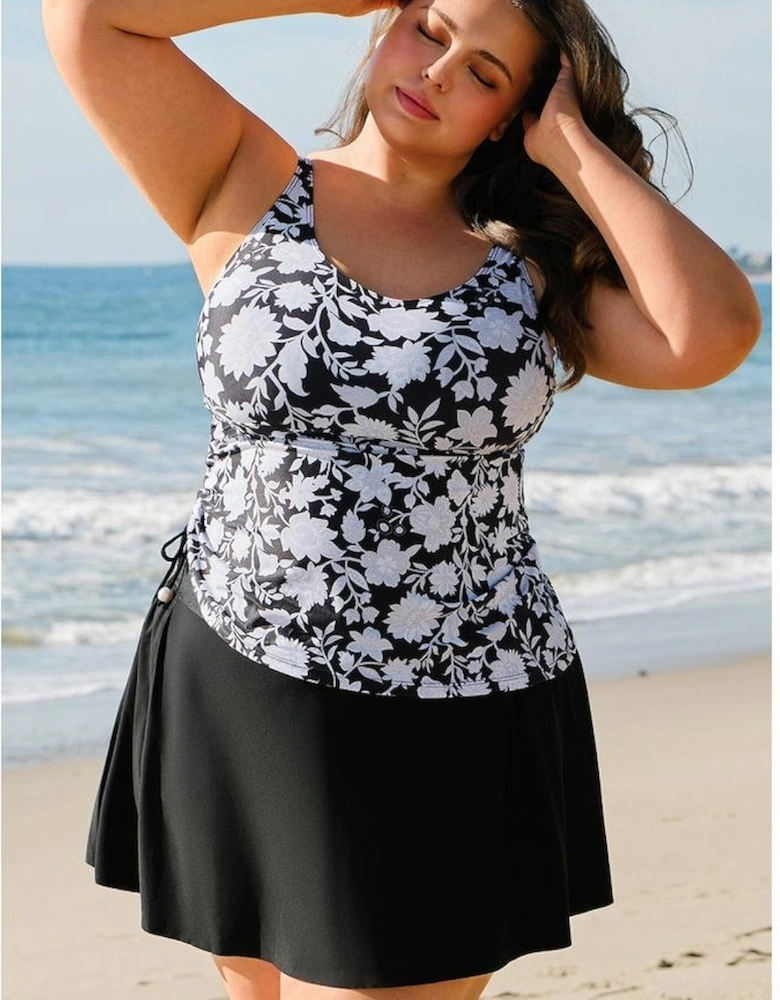 Black Plus Size Printed Square Neck Drawstring Ruffled Tankini Set