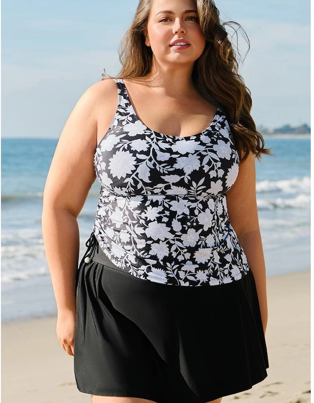 Black Plus Size Printed Square Neck Drawstring Ruffled Tankini Set