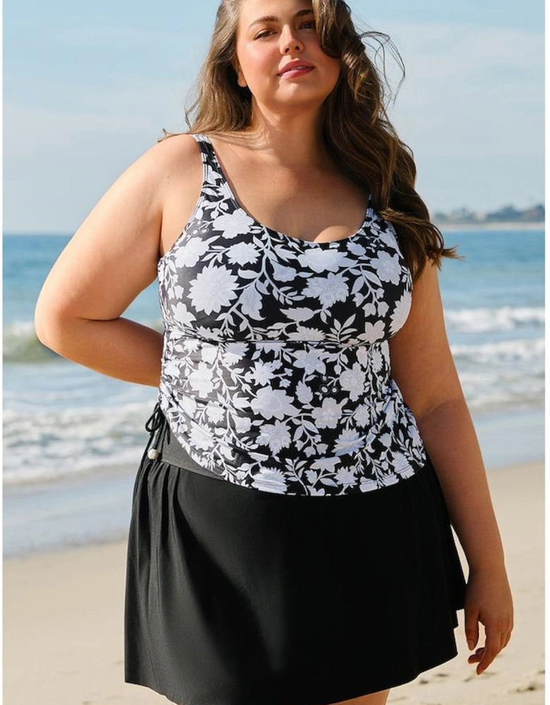 Black Plus Size Printed Square Neck Drawstring Ruffled Tankini Set