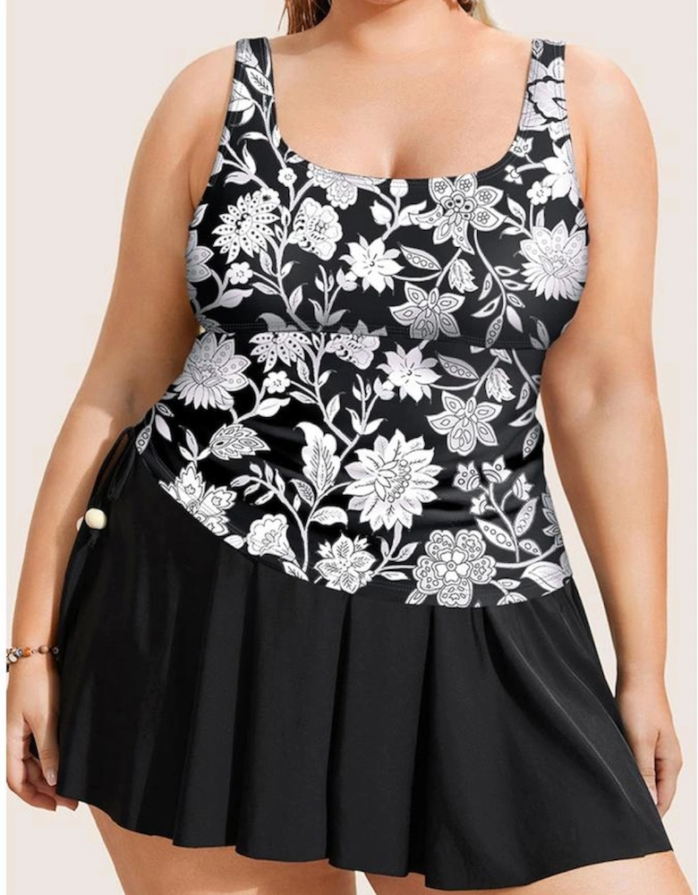 Black Plus Size Printed Square Neck Drawstring Ruffled Tankini Set