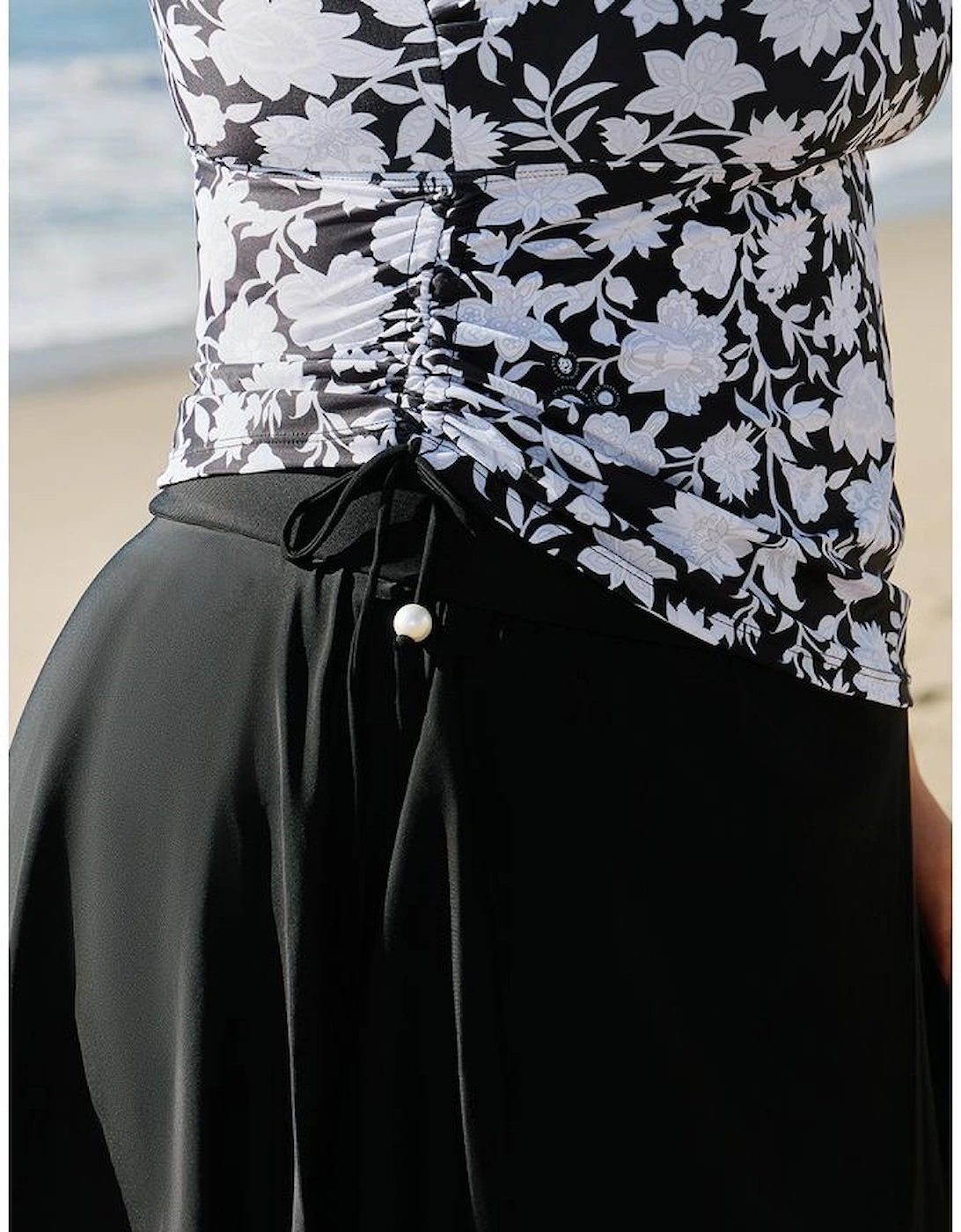 Black Plus Size Printed Square Neck Drawstring Ruffled Tankini Set
