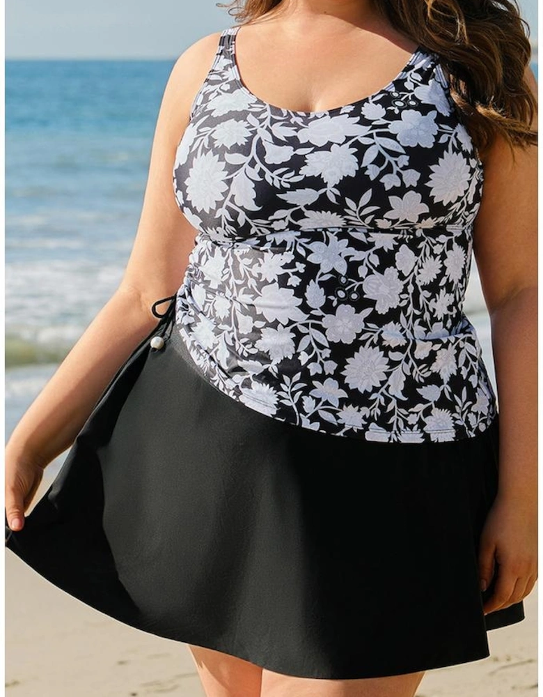 Black Plus Size Printed Square Neck Drawstring Ruffled Tankini Set