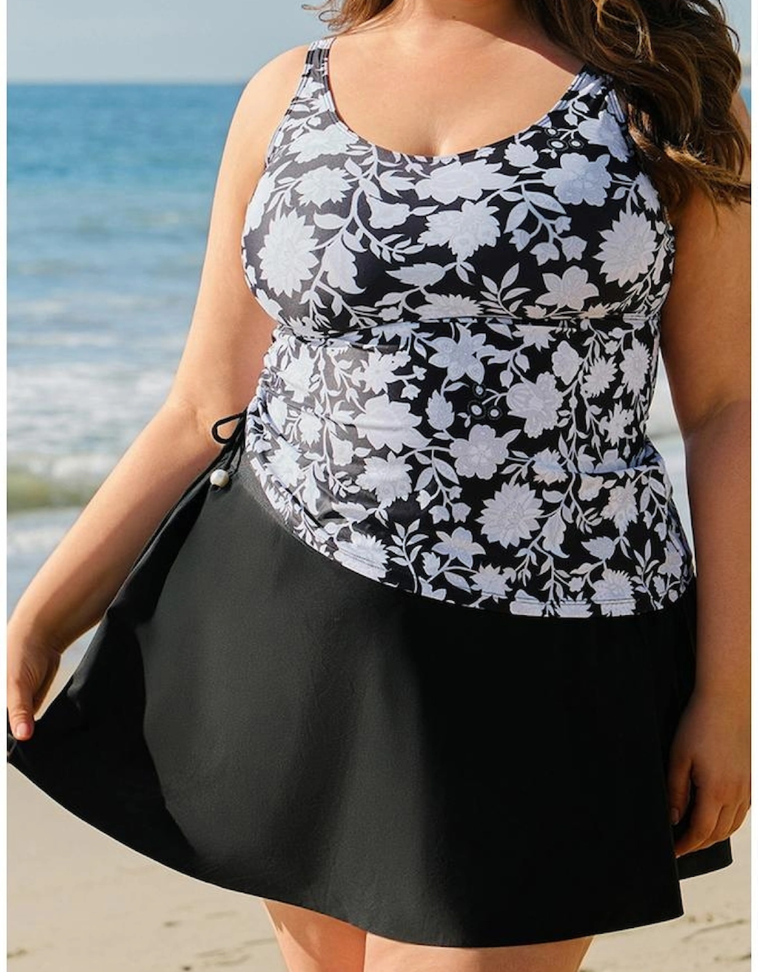 Black Plus Size Printed Square Neck Drawstring Ruffled Tankini Set