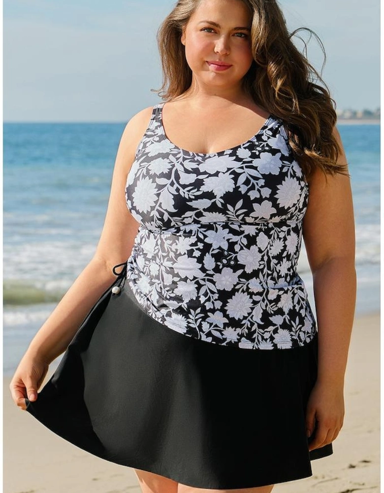 Black Plus Size Printed Square Neck Drawstring Ruffled Tankini Set