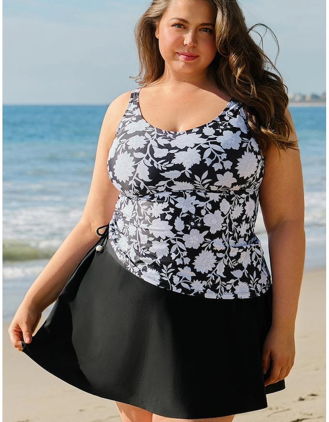 Black Plus Size Printed Square Neck Drawstring Ruffled Tankini Set