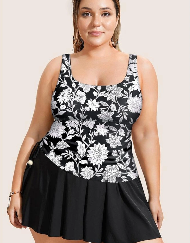 Black Plus Size Printed Square Neck Drawstring Ruffled Tankini Set
