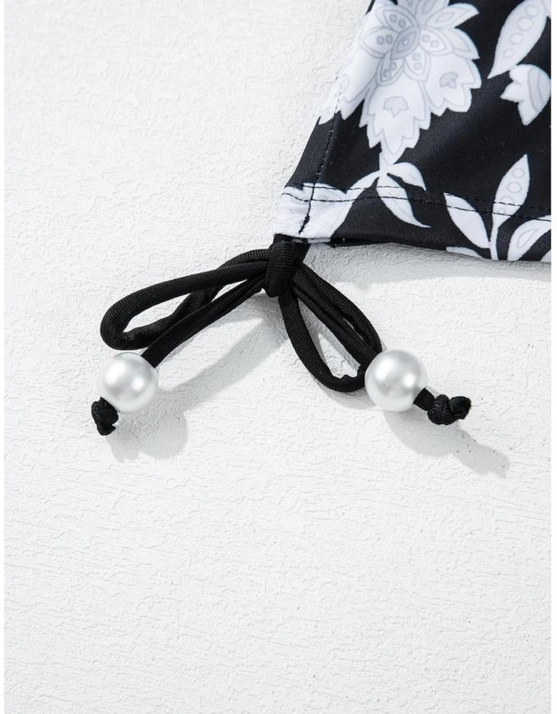 Black Plus Size Printed Square Neck Drawstring Ruffled Tankini Set