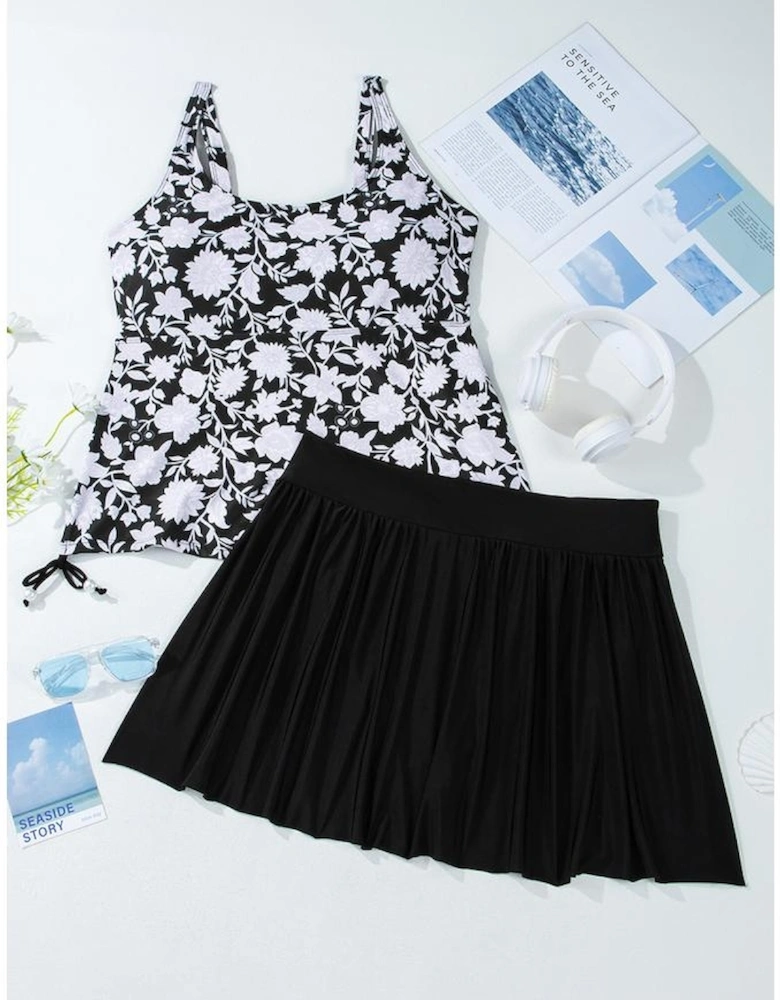 Black Plus Size Printed Square Neck Drawstring Ruffled Tankini Set