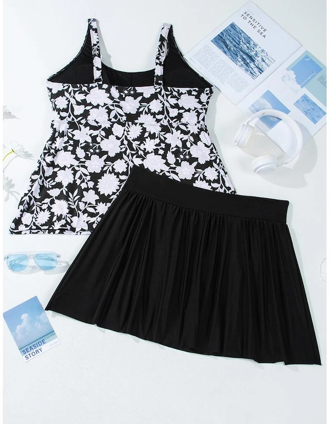 Black Plus Size Printed Square Neck Drawstring Ruffled Tankini Set