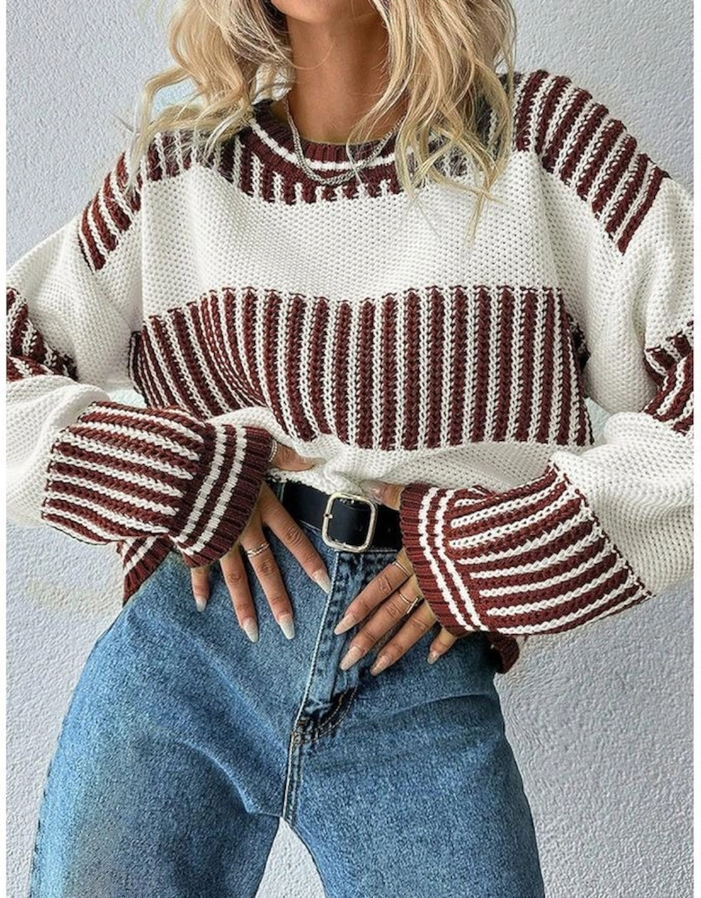 Brown Two Tone Striped Patchwork Drop Shoulder Loose Sweater