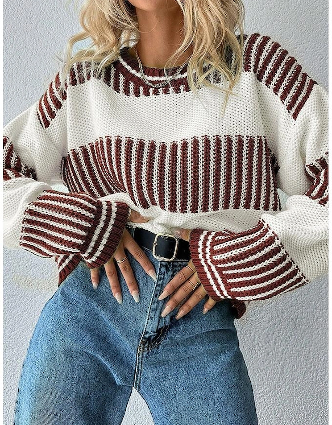 Brown Two Tone Striped Patchwork Drop Shoulder Loose Sweater