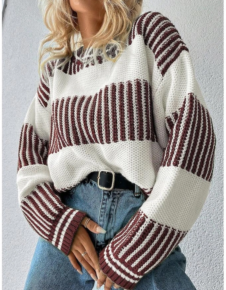 Brown Two Tone Striped Patchwork Drop Shoulder Loose Sweater