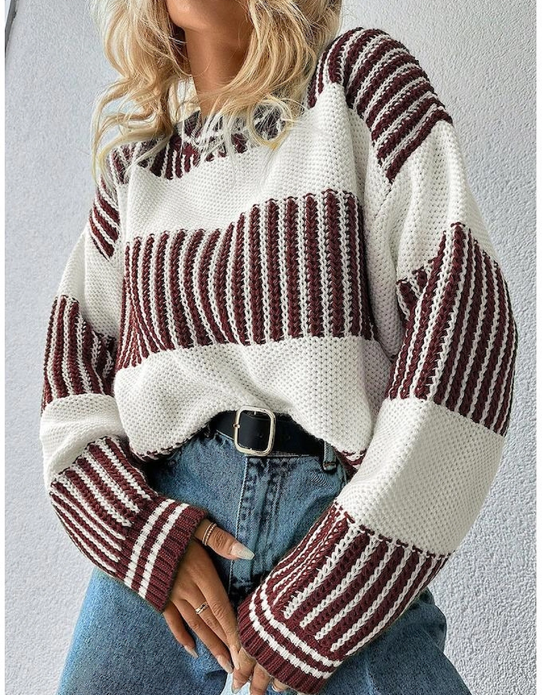 Brown Two Tone Striped Patchwork Drop Shoulder Loose Sweater