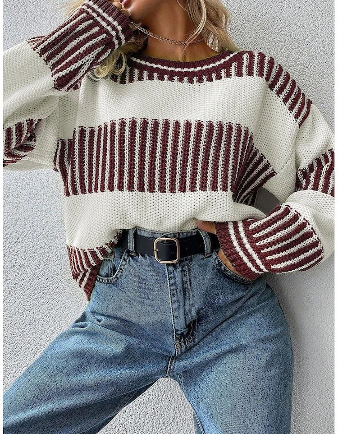 Brown Two Tone Striped Patchwork Drop Shoulder Loose Sweater