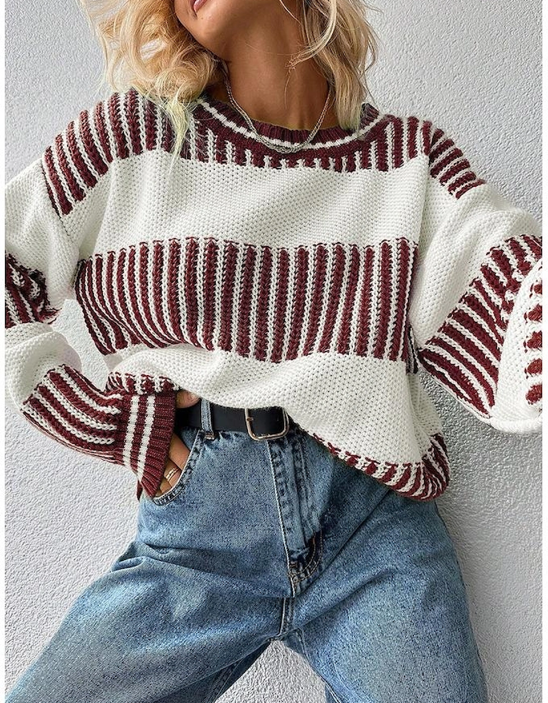 Brown Two Tone Striped Patchwork Drop Shoulder Loose Sweater