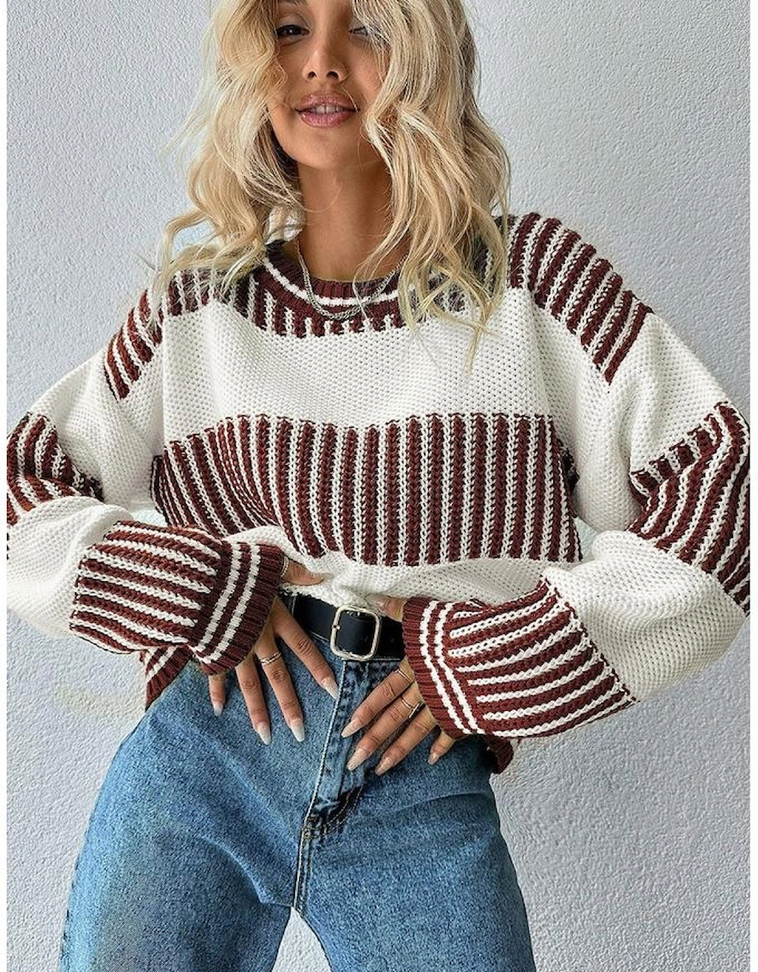 Brown Two Tone Striped Patchwork Drop Shoulder Loose Sweater