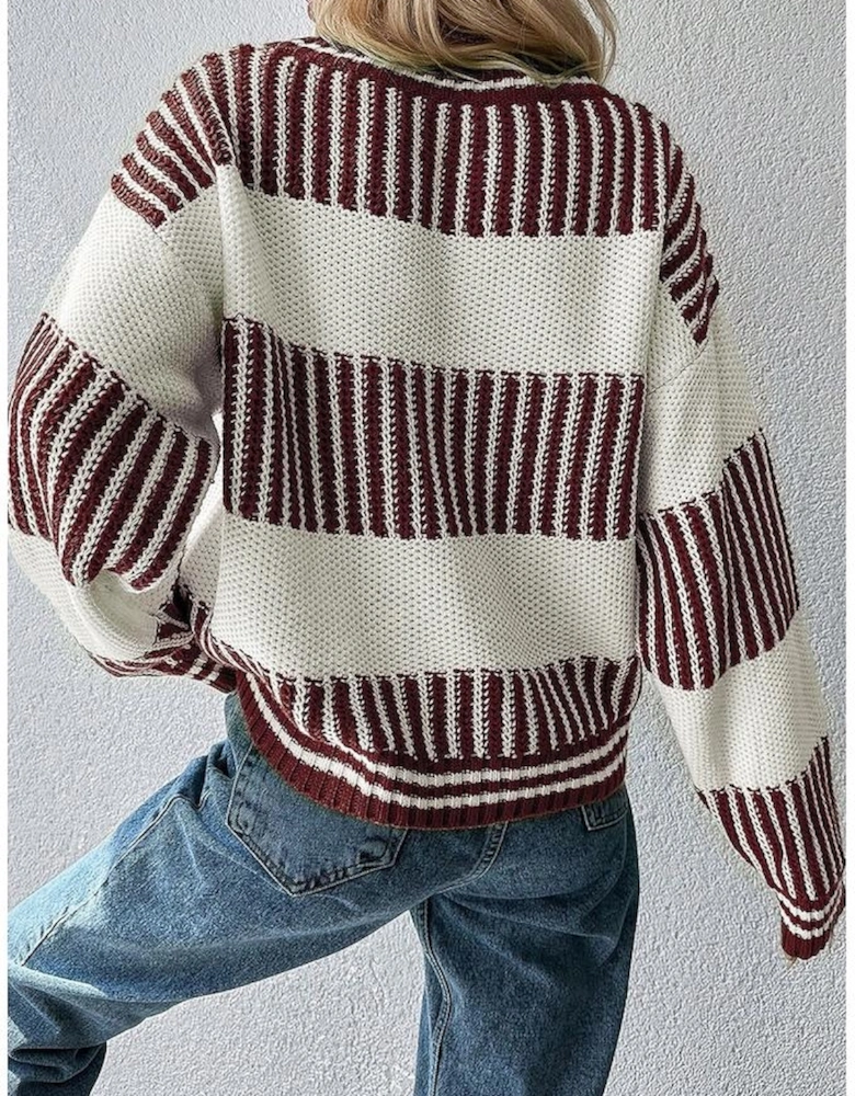 Brown Two Tone Striped Patchwork Drop Shoulder Loose Sweater