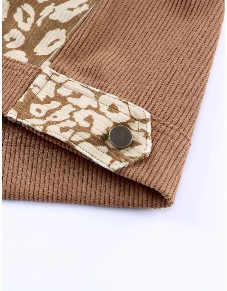 Brown Leopard Print Corduroy Long Sleeve Jacket