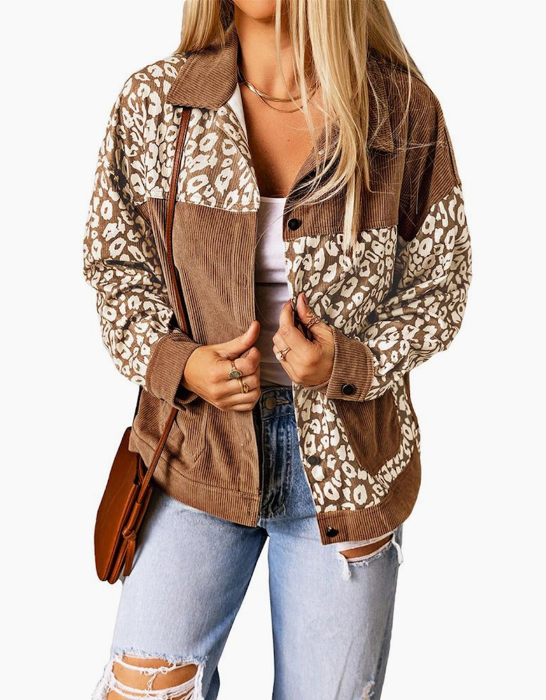 Brown Leopard Print Corduroy Long Sleeve Jacket