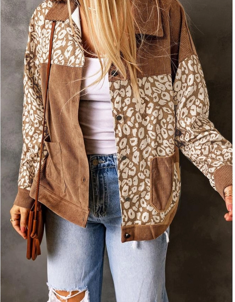 Brown Leopard Print Corduroy Long Sleeve Jacket