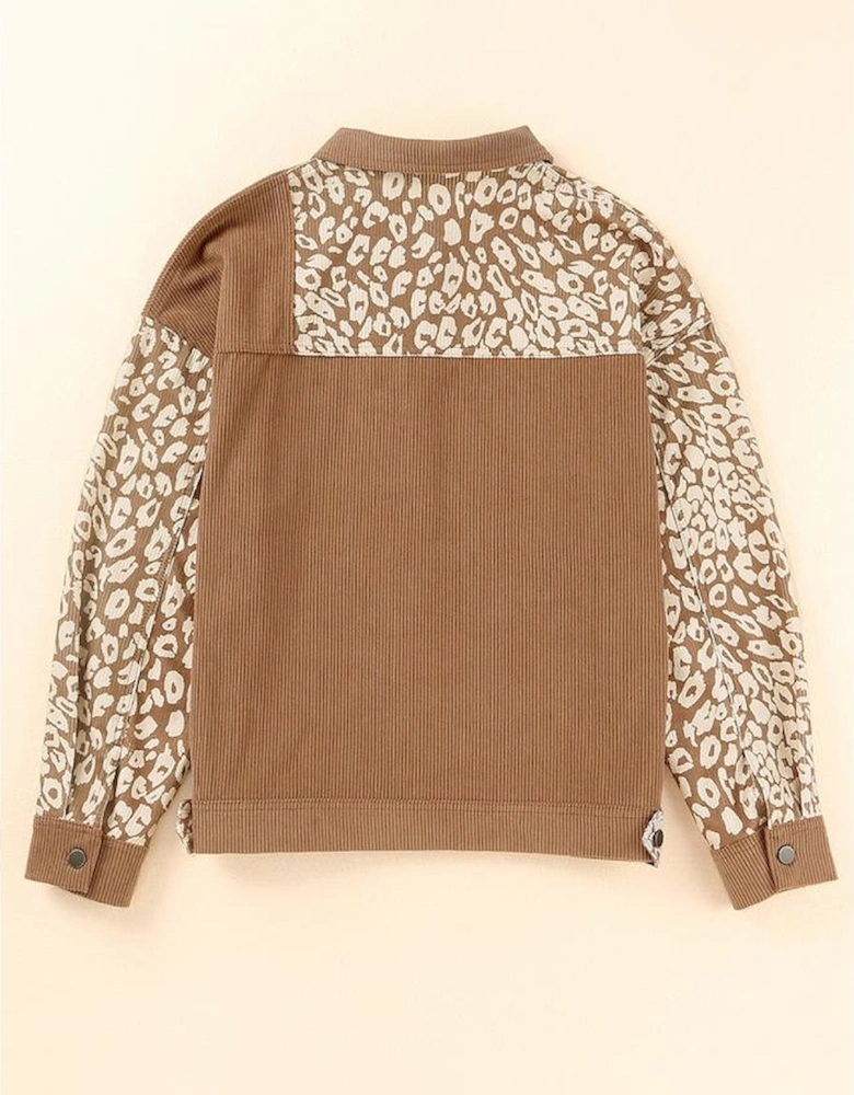 Brown Leopard Print Corduroy Long Sleeve Jacket