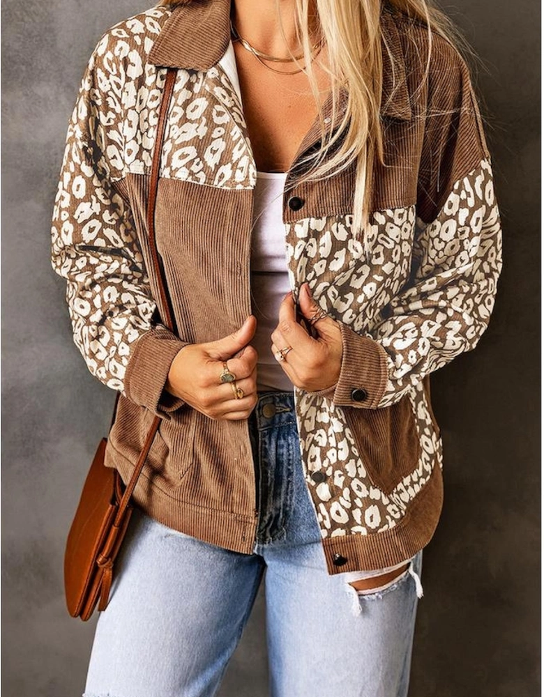 Brown Leopard Print Corduroy Long Sleeve Jacket