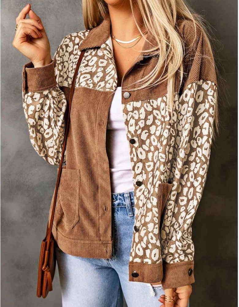Brown Leopard Print Corduroy Long Sleeve Jacket