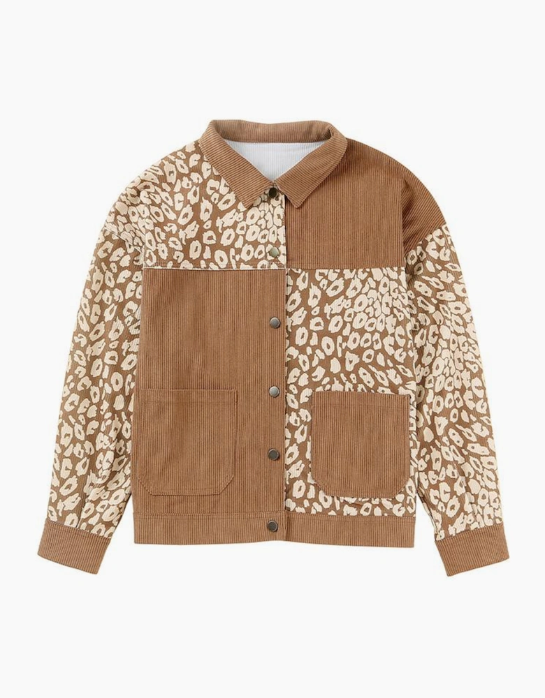 Brown Leopard Print Corduroy Long Sleeve Jacket