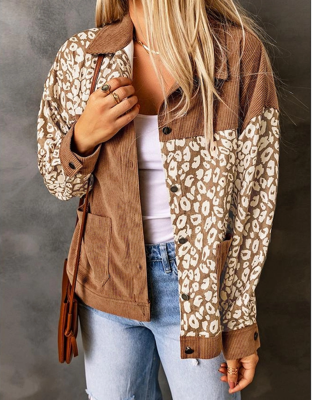 Brown Leopard Print Corduroy Long Sleeve Jacket