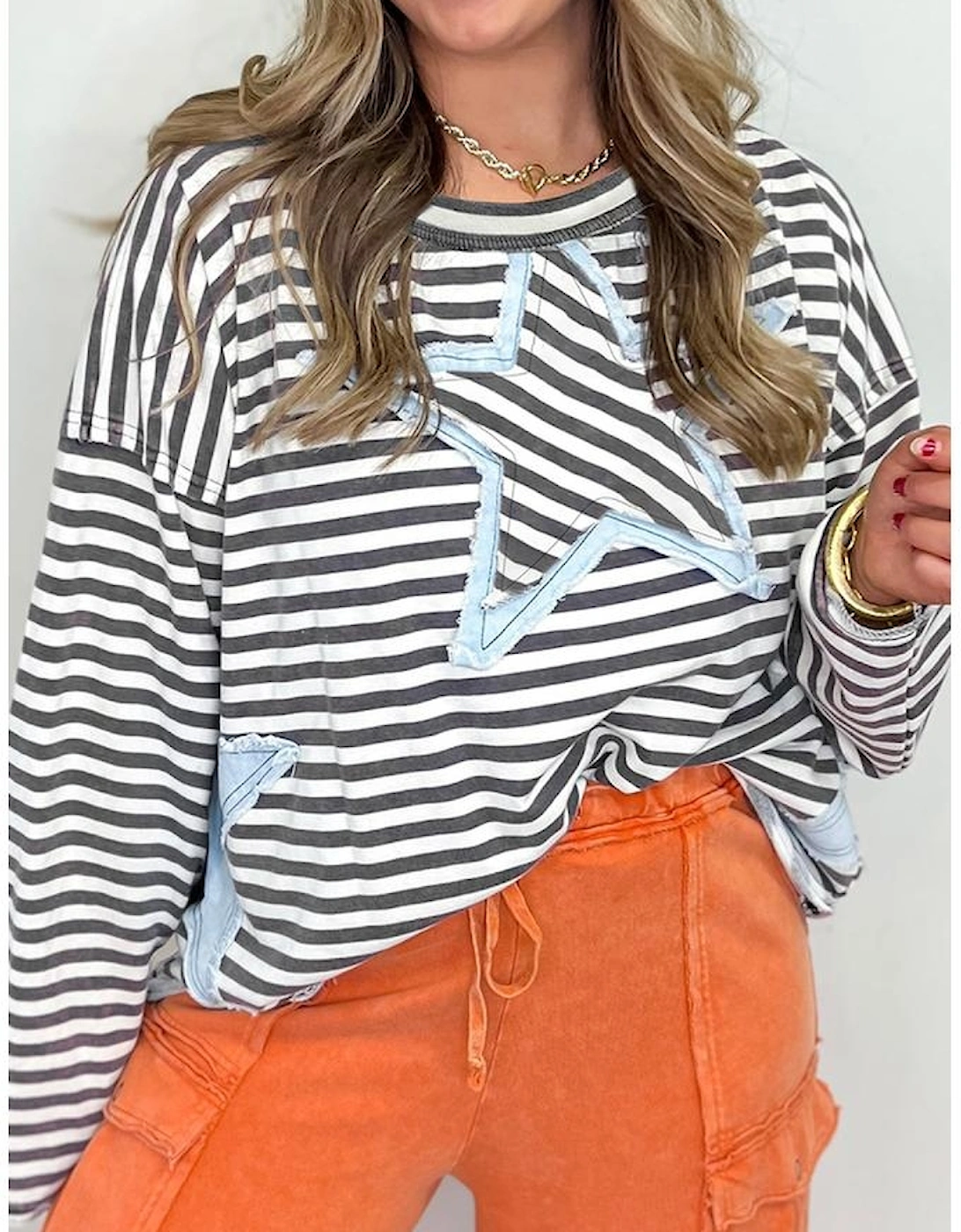 Gray Stripe Starry Patch Drop Shoulder Raw Edge Casual Knit Top