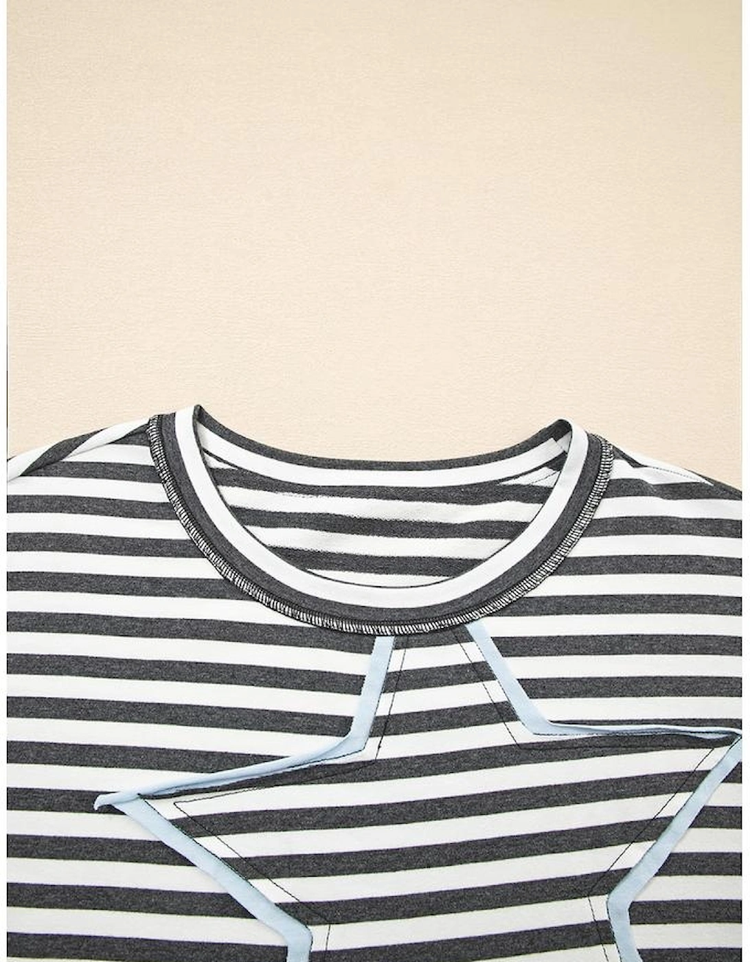 Gray Stripe Starry Patch Drop Shoulder Raw Edge Casual Knit Top