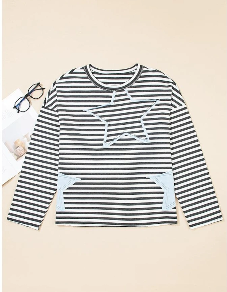 Gray Stripe Starry Patch Drop Shoulder Raw Edge Casual Knit Top