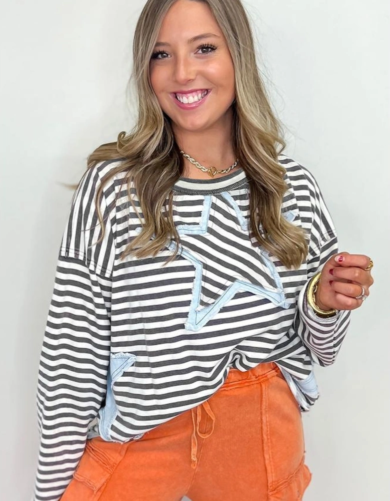 Gray Stripe Starry Patch Drop Shoulder Raw Edge Casual Knit Top