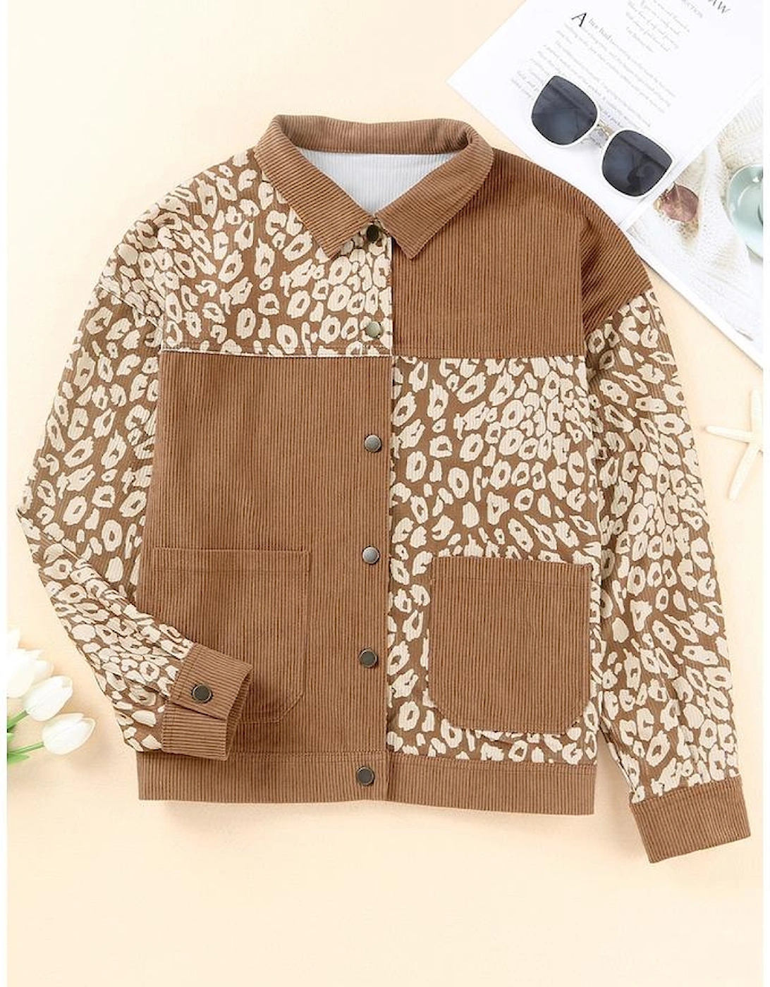 Brown Leopard Print Corduroy Long Sleeve Jacket