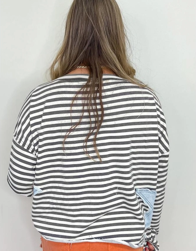 Gray Stripe Starry Patch Drop Shoulder Raw Edge Casual Knit Top