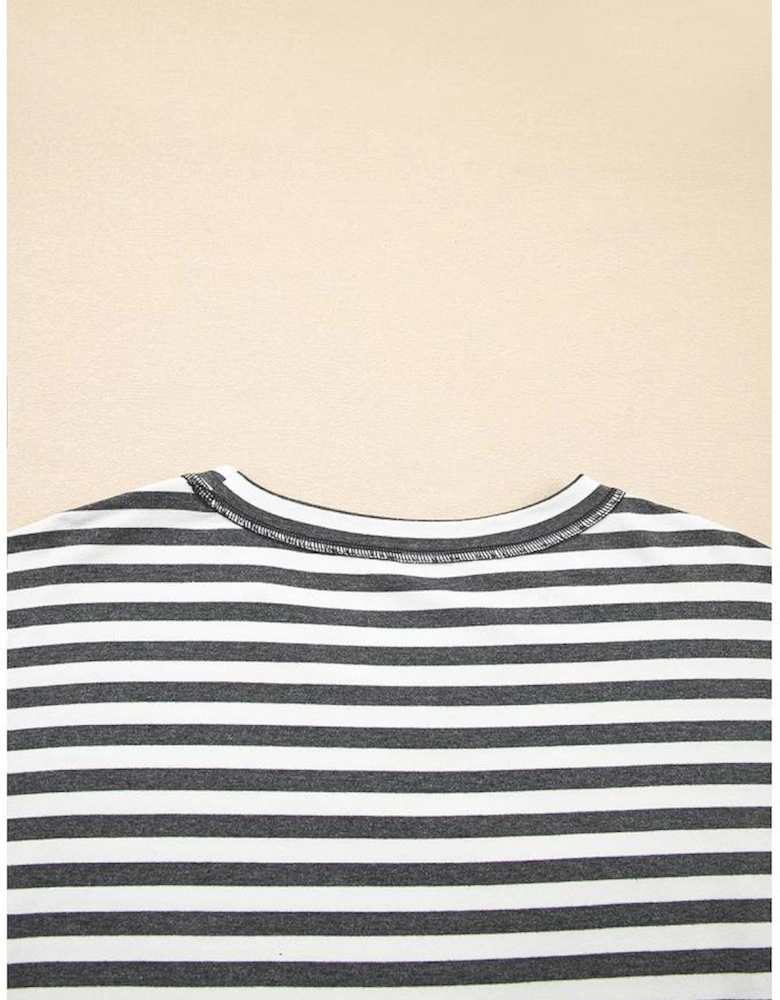 Gray Stripe Starry Patch Drop Shoulder Raw Edge Casual Knit Top