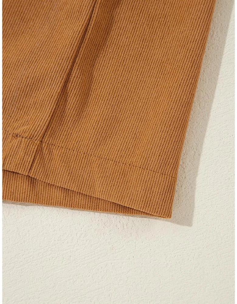 Desert Gold Corduroy Pleated Puff Sleeve Shift Short Dress