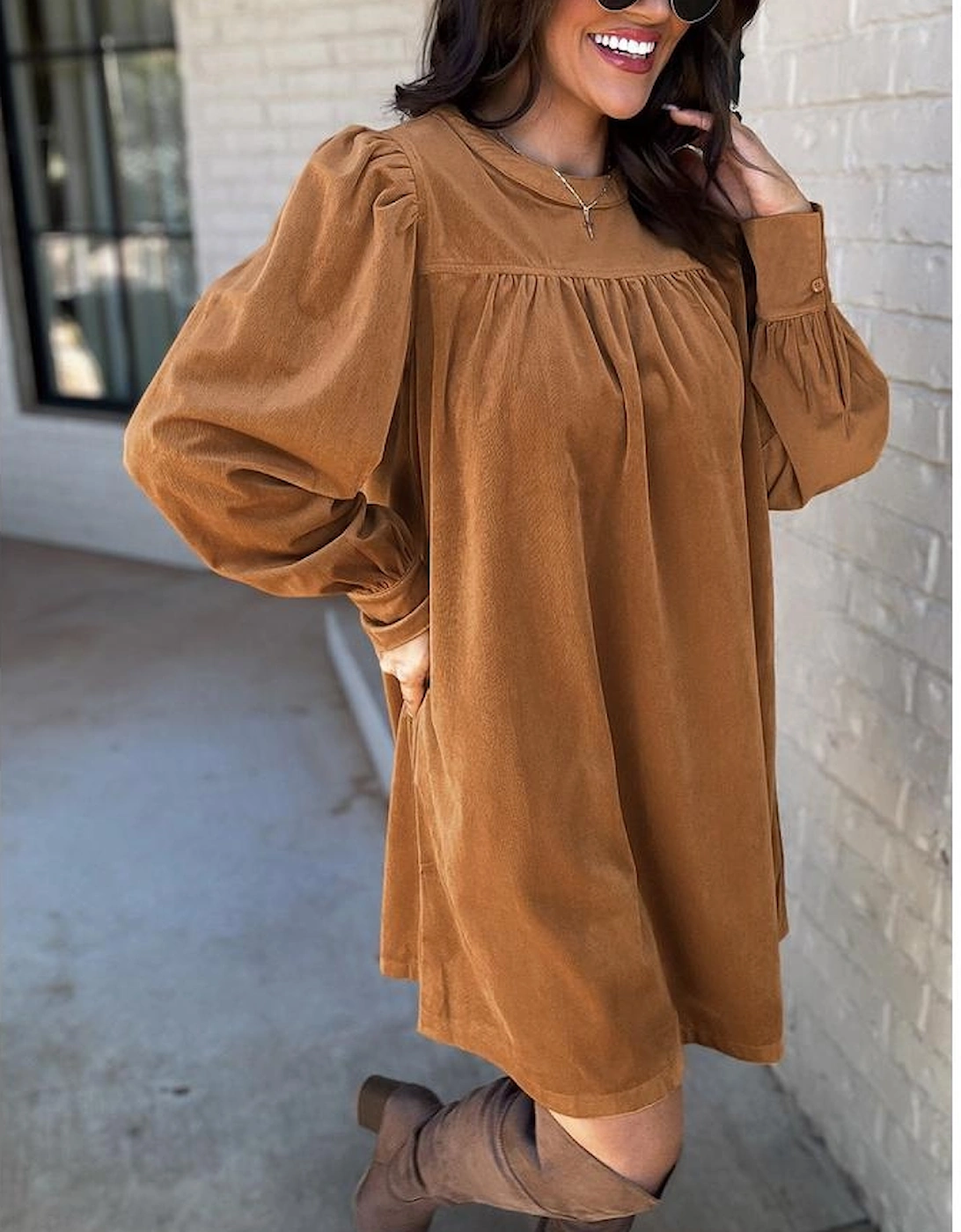 Desert Gold Corduroy Pleated Puff Sleeve Shift Short Dress