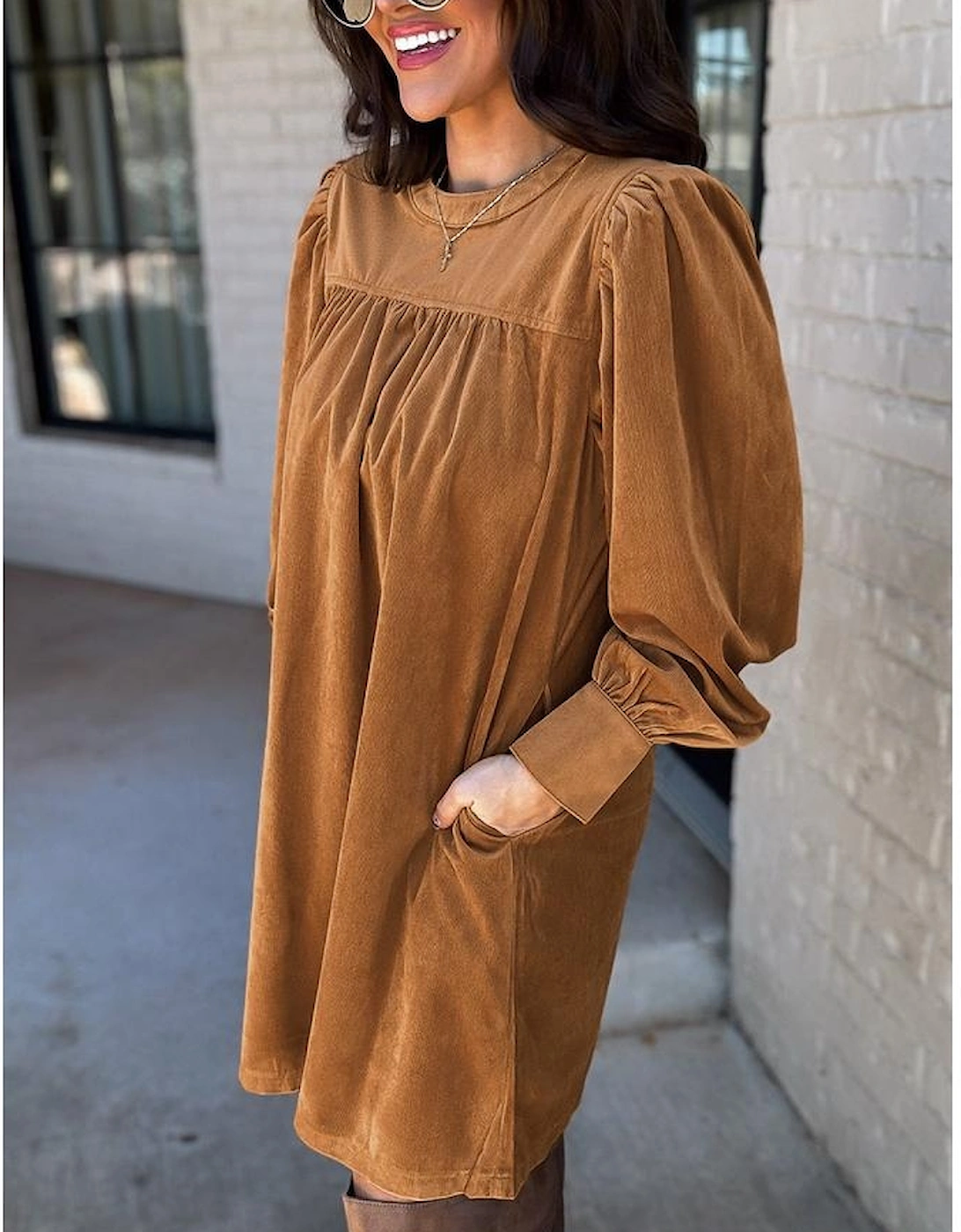 Desert Gold Corduroy Pleated Puff Sleeve Shift Short Dress